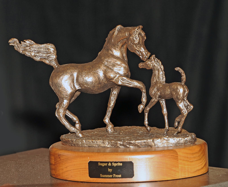 Resin sculpture with a bronze finish of an Arabian mare and foal.